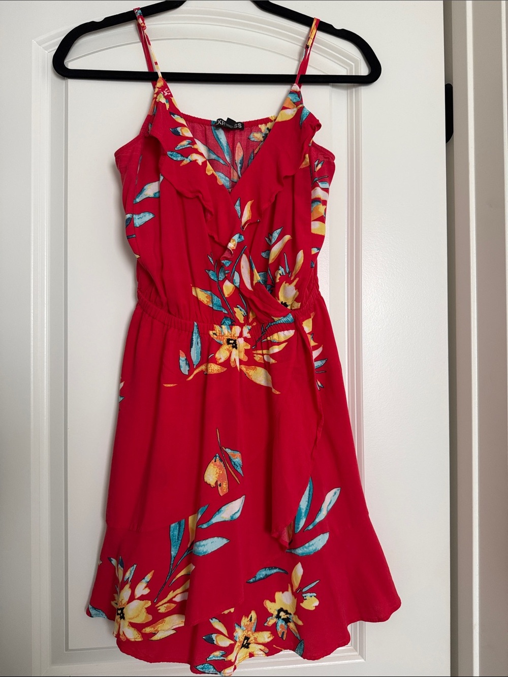 Express Red Floral Wrap-Front Mini Dress